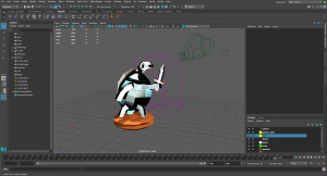 In Maya. A white and light blue turtle is standing on a wooden pedestal and holding a sword.