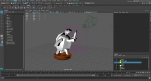 In Maya. A white turtle is standing on a wooden pedestal and holding a sword.