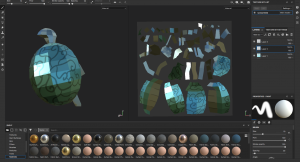 In Substance Painter. On the left side, there is the full turtle model from the back with a light blue shell with spiral designs. On the right screen are the same pieces of the turtle from Maya except now they're colored.