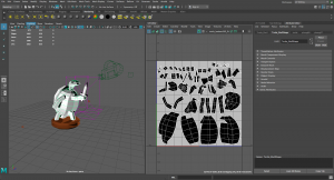 In Maya. On the left screen is a white turtle standing on a pedestal holding a sword. On the right screen are black pieces of the turtle's body cut up into smaller pieces.