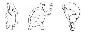 Drawings of a turtle holding a sword from the front, side, and top view.