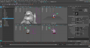 In Maya. There are four screens. The top right is the same as the main screen. The top left shows the camera up close to the turtle's face. The bottom left is looking at the turtle from the front. The bottom right is looking at the turtle from the side.