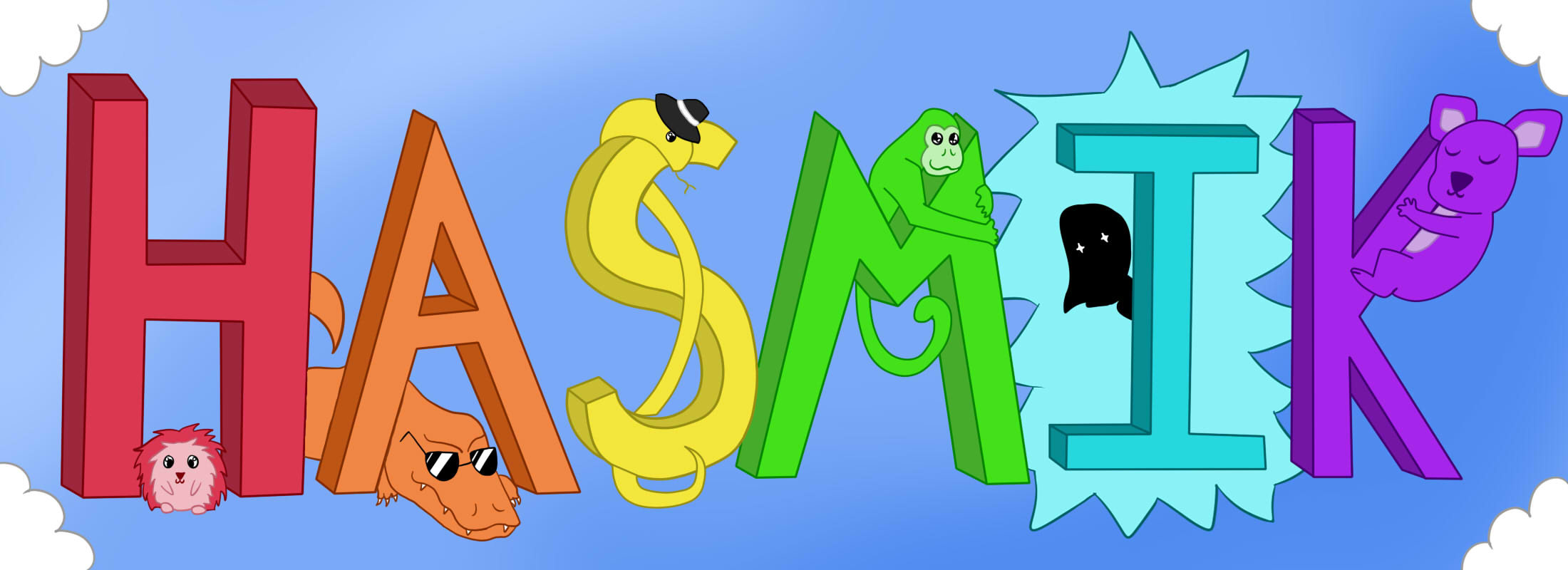 A drawing spelling out the name "Hasmik" in each color of the rainbow. With each letter, there is an animal that starts with the same letter. The background is a blue color with white clouds in the four corners.