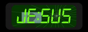 My name in the form of an alarm clock that is cracked with a silhouette of a person looking at a monitor.