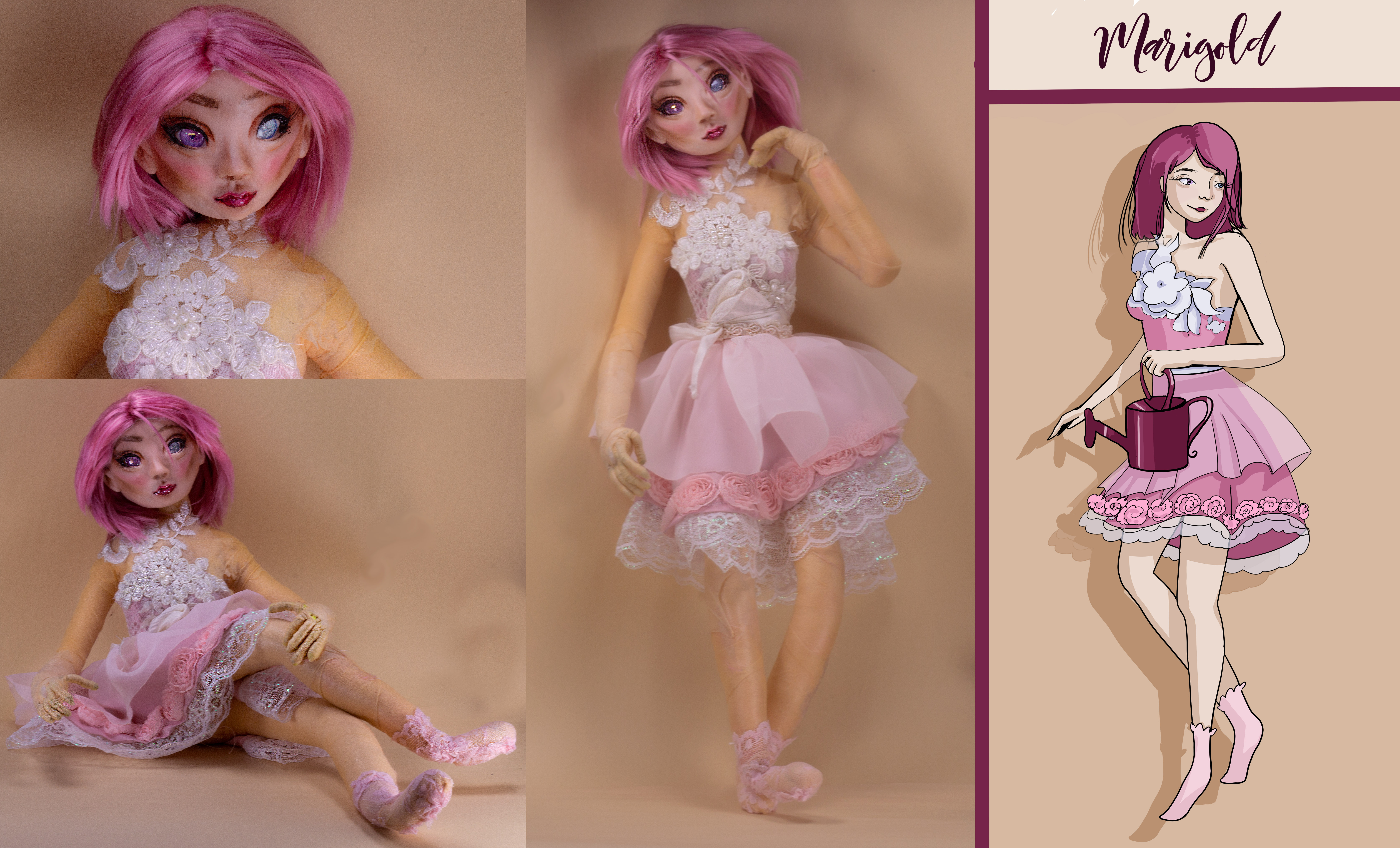 Three photos of a doll wearing a pink and white dress, and a 2D character illustration. Marigold is written in a script font