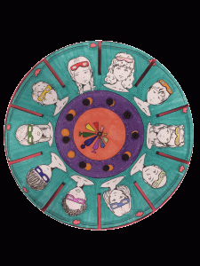 Solar eclipse themed phenakistoscope. On the outside circle, there are animated faces. There is an animated eclipse in the middle circle, and moving shadows in the inner circle.