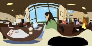 360 Background of a Coffee Shop. There are people sitting around you.