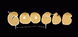 Motion Graphic Google Doodle of the word "Google" made out of pancakes. A little person is running around the word.