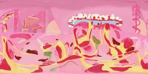 360 background of the inside of a mouth. There is spaghetti on the floor.