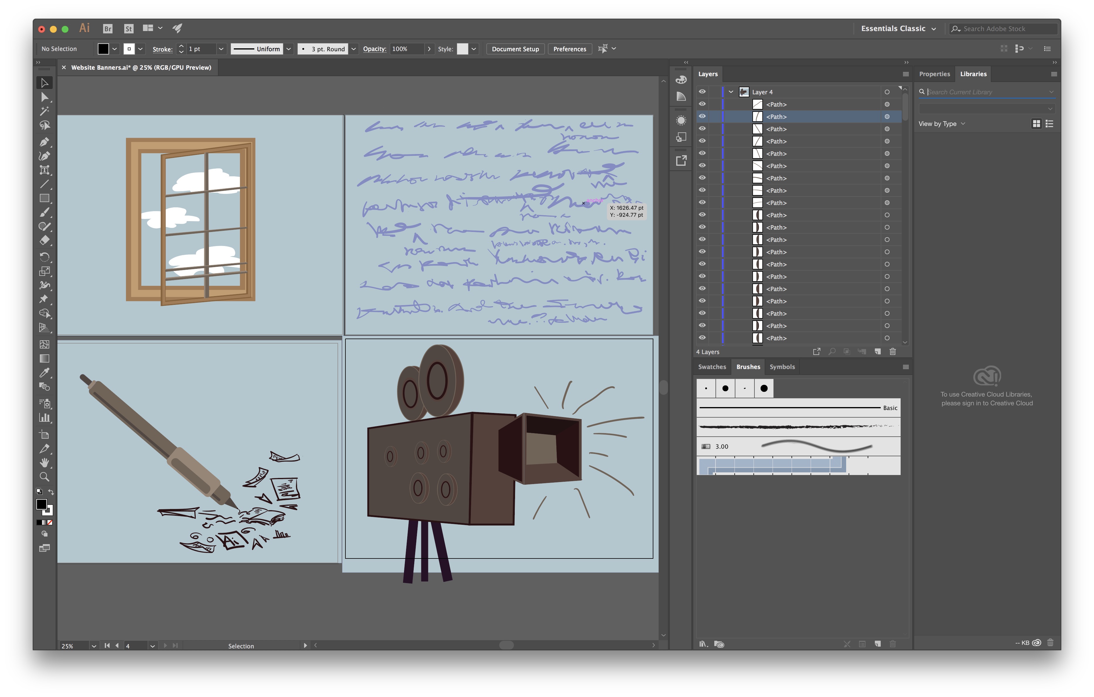 Screenshot of Adobe Illustrator interface, a behind the scenes look on the process of creating the Illustrations on this page.