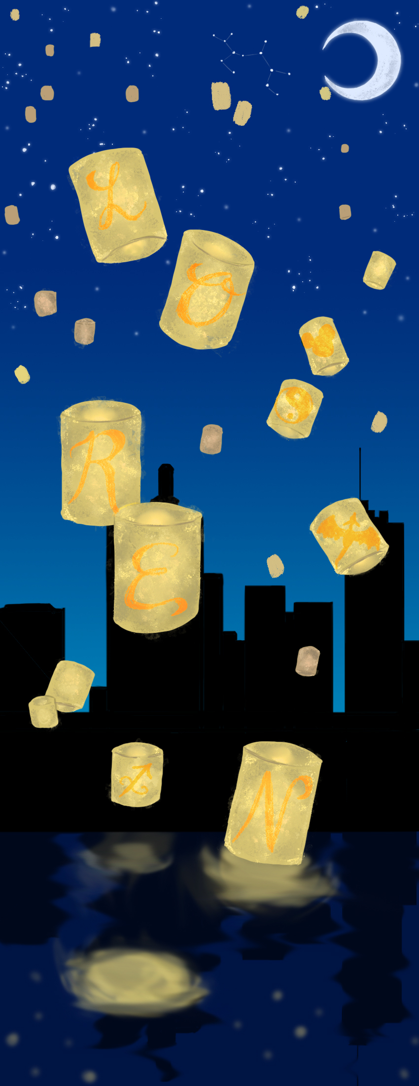 gradient night background with silhouette of city. Glowing lanterns in the sky with my name and symbols on them. 