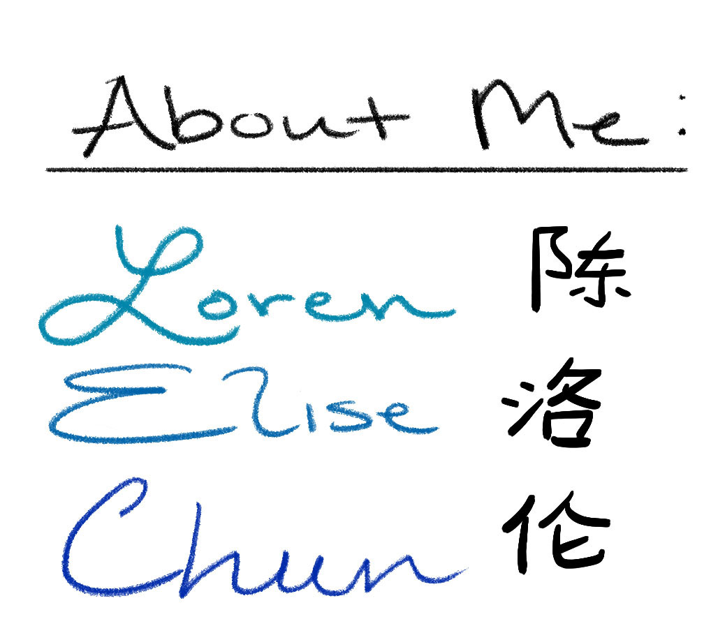 Says: About me, Loren Elise Chun, plus my name in Chinese