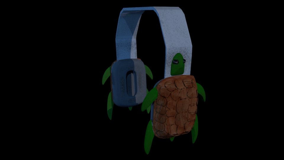 A photo of the final object. It has turtles for the ear pieces of the headphones. 