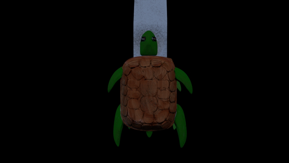  A close up of the turtle earpiece. The shell is wood textured, and the fins and head are green.