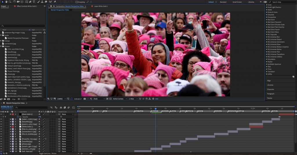 A screenshot of the After Effects interface. There is a photo of the Women's March on display, and the timeline for the video is visible. 