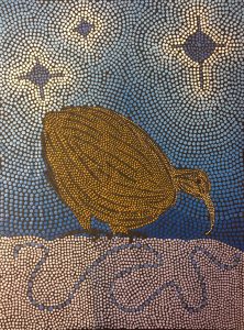 dot painting of a kiwi bird standing by a river with stars.