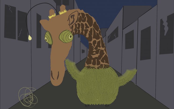 This Adobe Illustrator illustration depicts a hybrid creature standing against the background of an empty and abandoned post-apocalyptic town. The creature has the neck of a giraffe, the eyes of a chameleon, the body of a hummingbird, and a the hanging light of a anglerfish from its forehead.