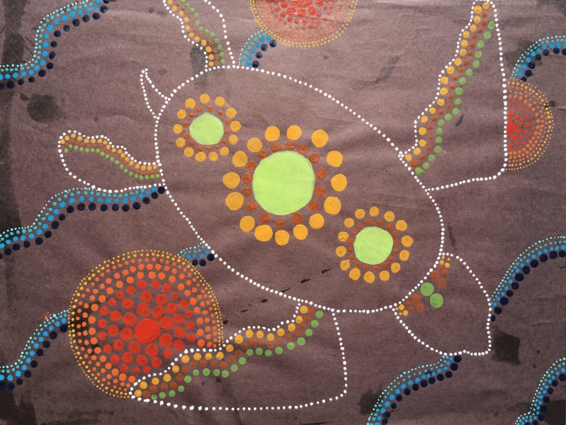 An alternative style Aboriginal dot painting of a sea turtle swimming in the ocean by patches of coral.