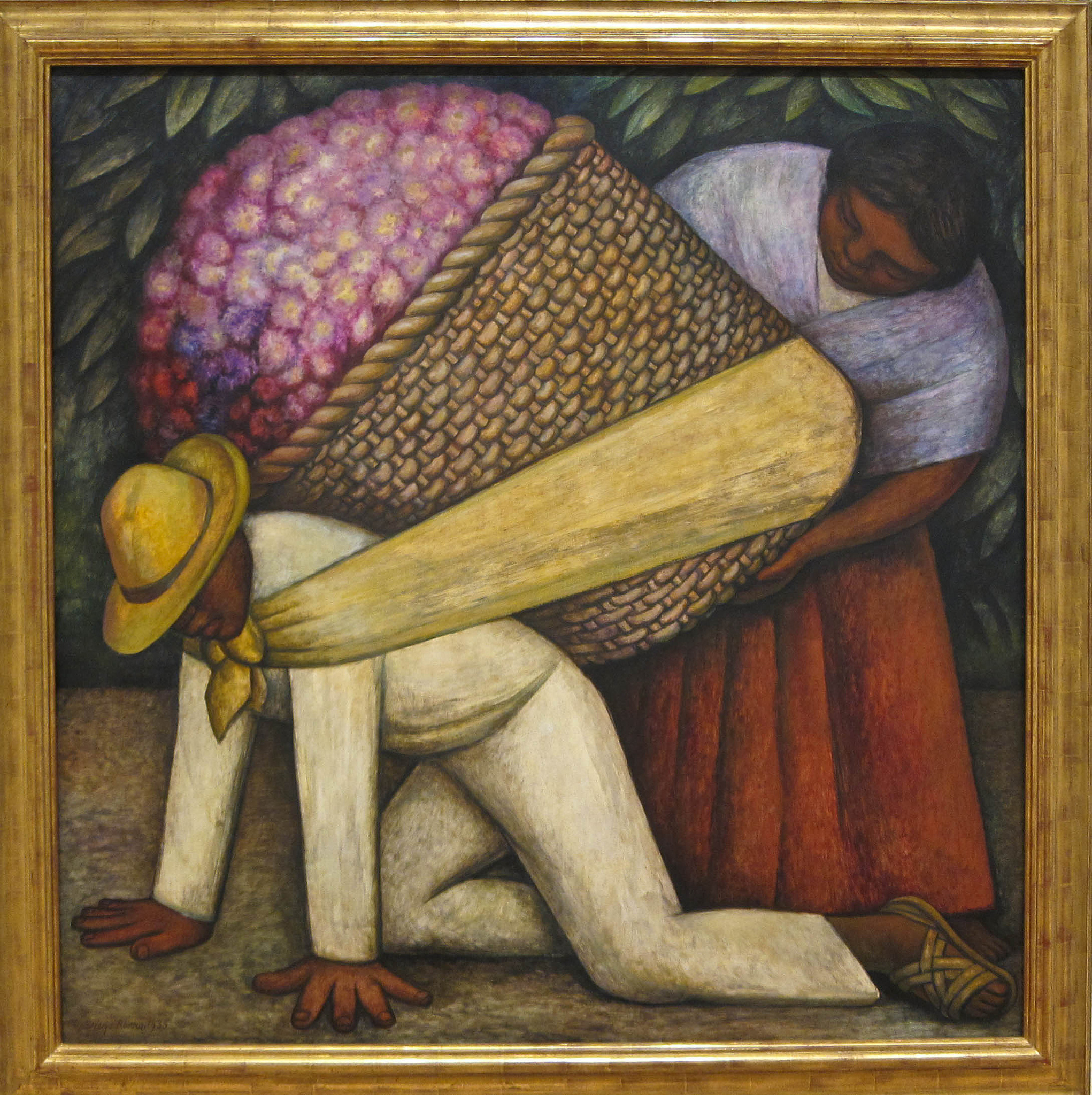 Diego Rivera's "The Flower Picker" depicts two hispanic flower-pickers. One is crawling on the ground with a huge basket of picked flowers tied to his back around his shoulders. the other worker is a woman, standing and holding the basket up on his back.