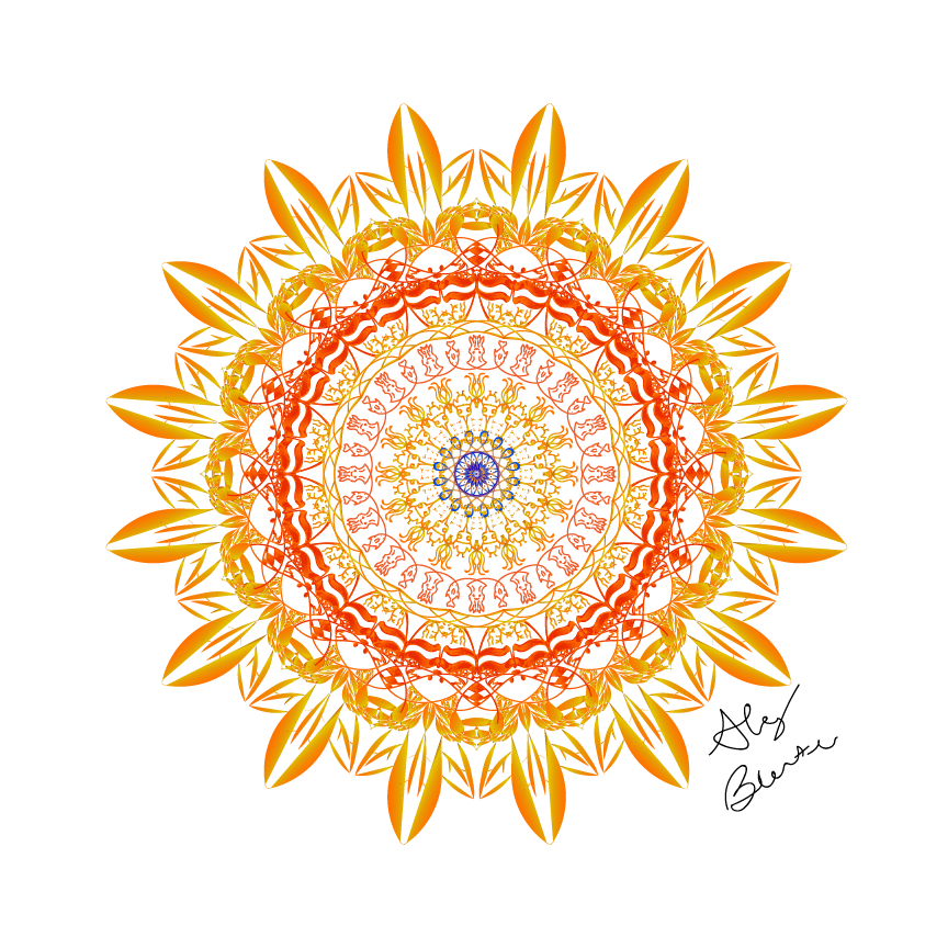 a colorful mandala, made from warm colors in the pattern of a fire.