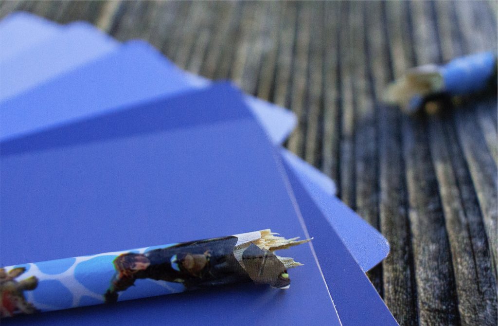 A How To Train Your Dragon pencil on five blue samples.