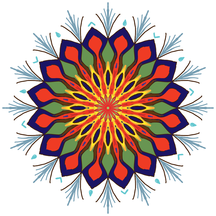 A colorful image of a circular mandala with repeating patterns going around the center, warmer in the center, colder outside