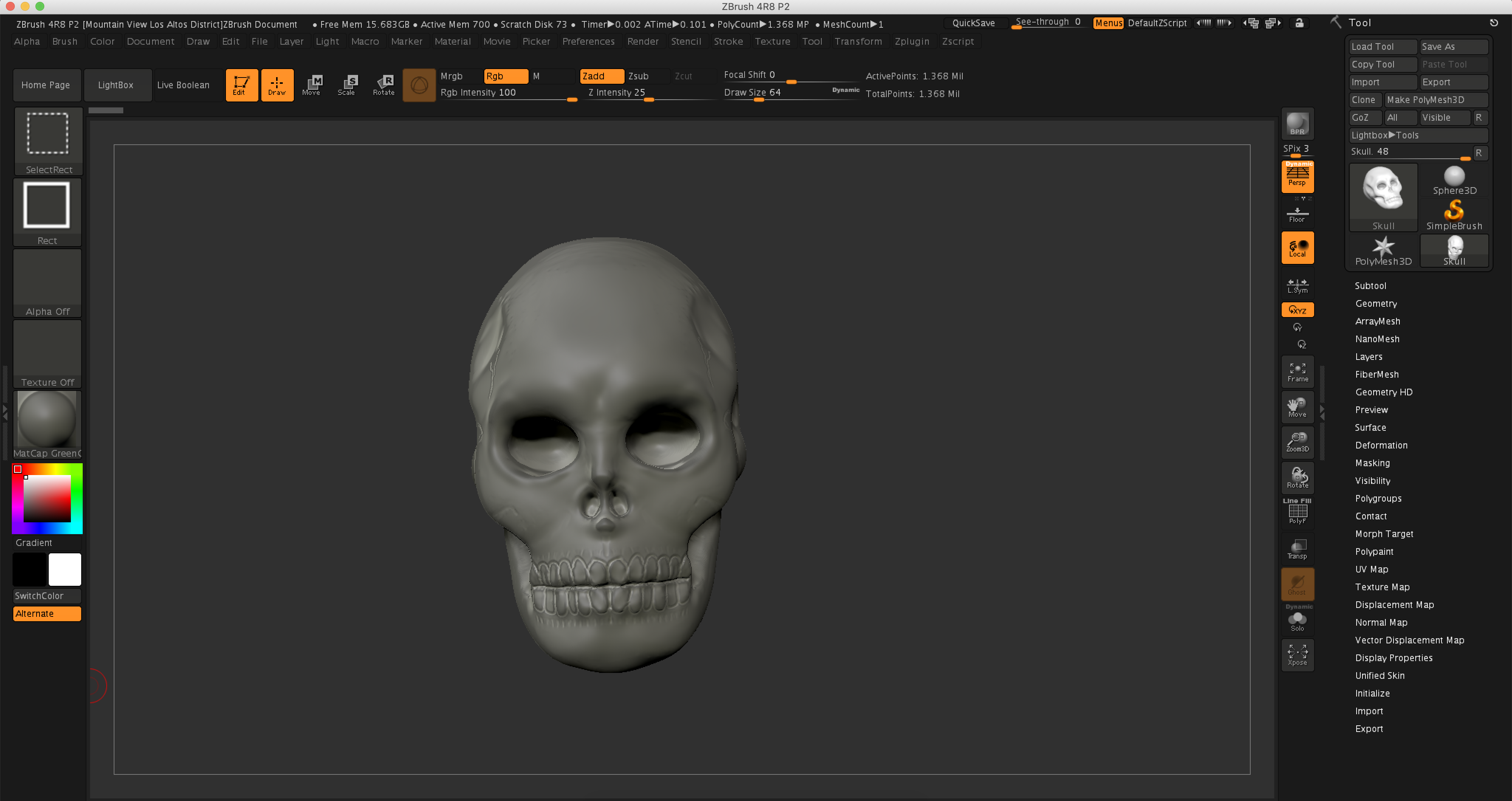 A 3d model of a skull in ZBrush