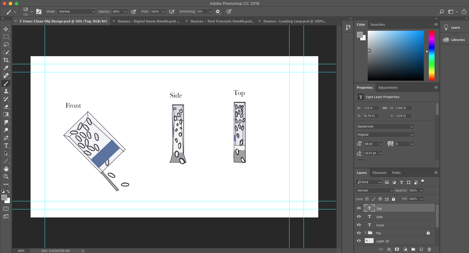 Three views of the object that I sketched in the Photoshop interface