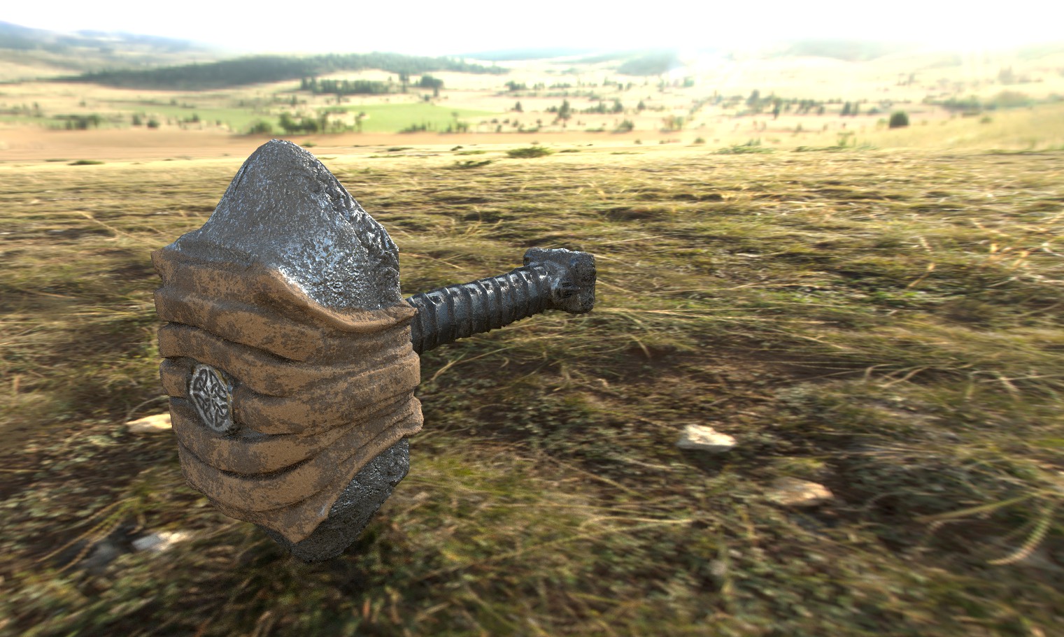 A 3d model of a rusty metal hammer lying on a field
