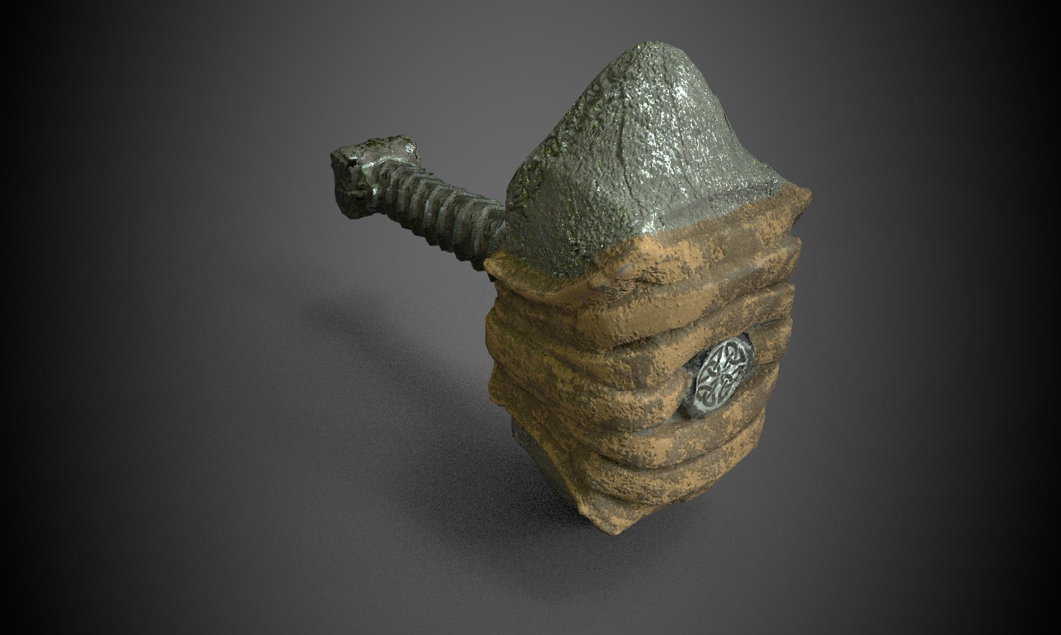 A 3d model of a rusty metal hammer