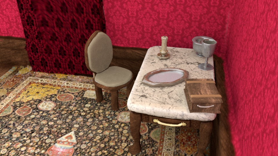 A room with a curtained window, red wallpaper with wood, a wooden table with marble on top in the corner, chair pulled out, with a candle, ornate mirror, wooden chest, silver goblet and bowl.