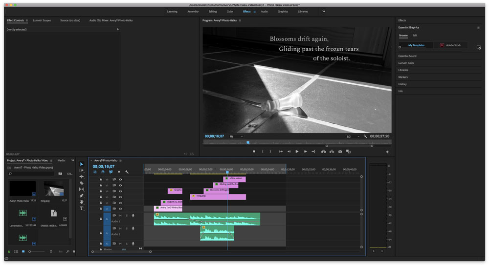 Screenshot of haiku video production in Adobe Premiere Pro