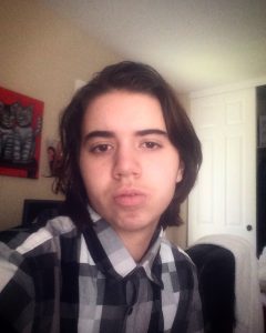 A student with shoulder-length brown hair, pale skin, thick eyebrows, and brown eyes. The student is wearing a black and white plaid button-up shirt.