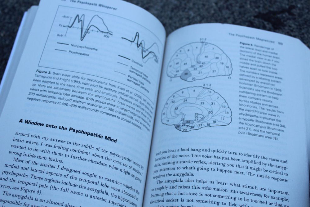 The photo is of a Psychology book and is open to a page that says "A Window onto the Psychopathic Mind". The book is called "The Psychopath Whisperer" by Kent A. Kiehl.