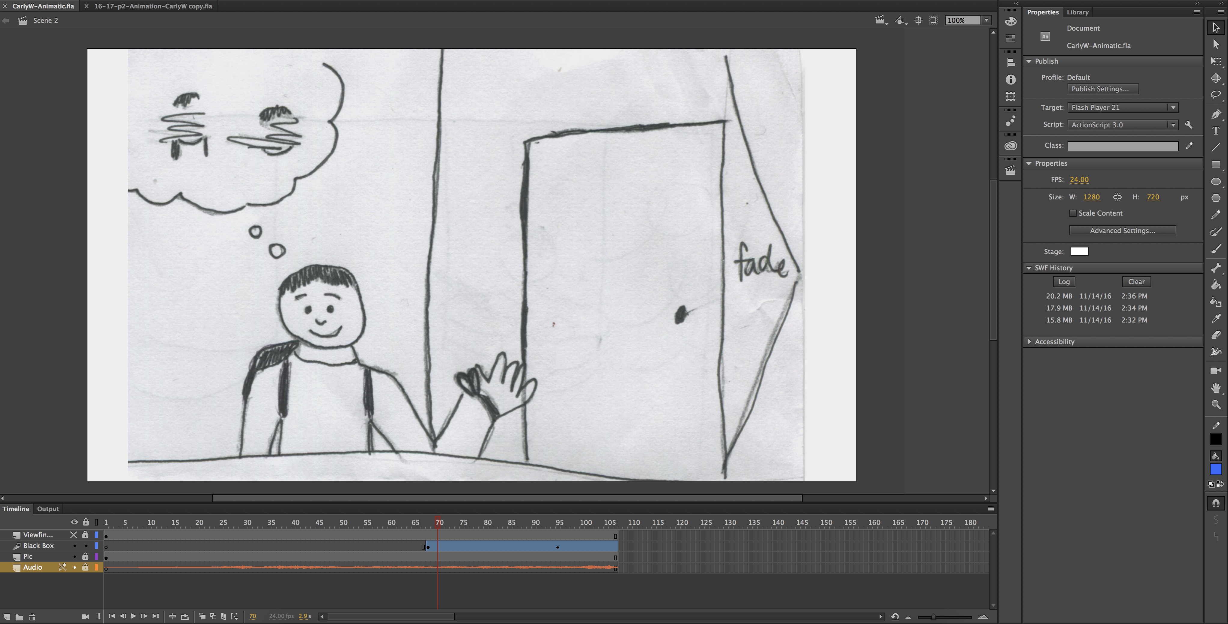 Screenshot of Animate session for my animatic