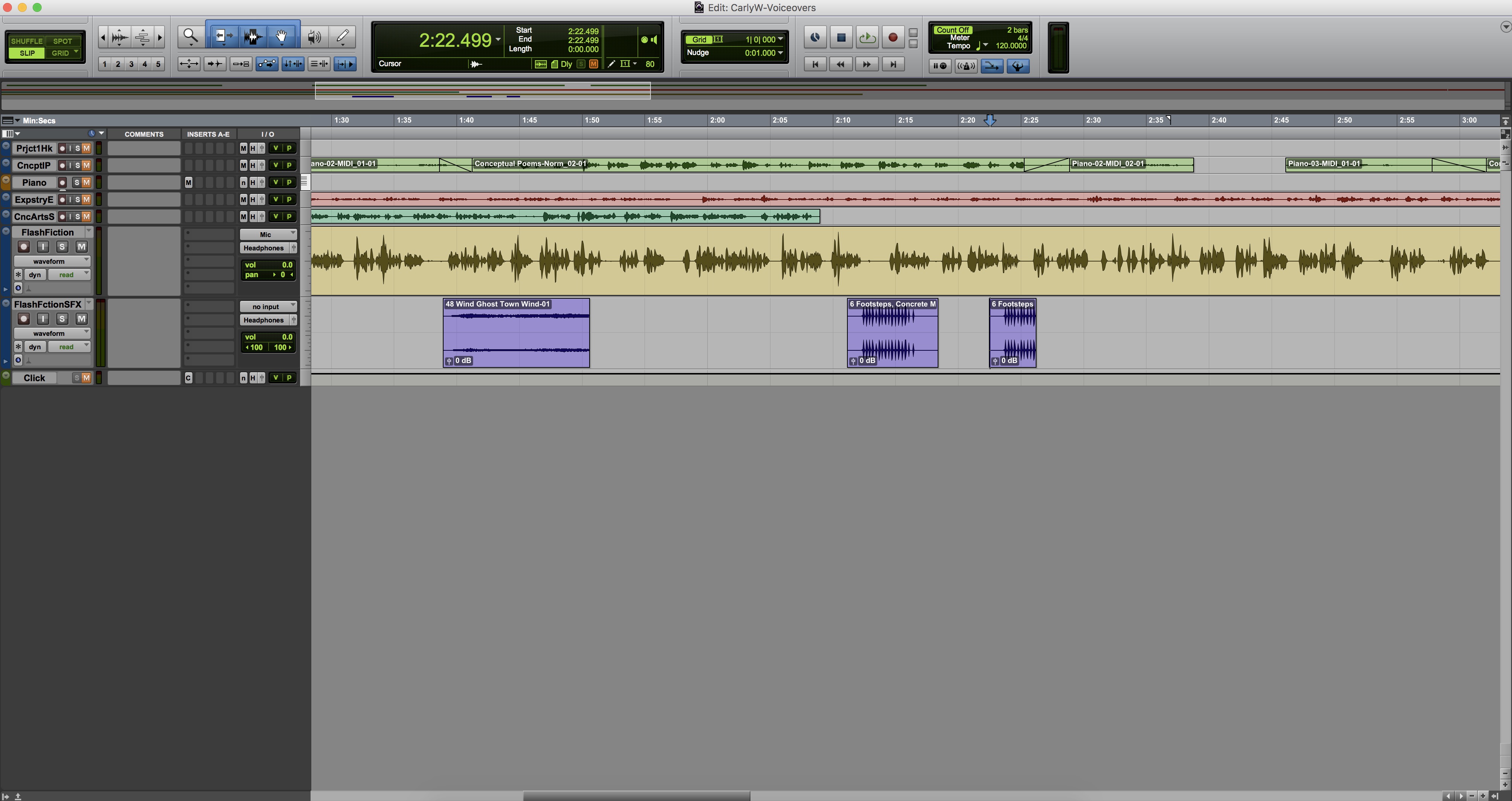 Screenshot of ProTools session recording of my flash fiction