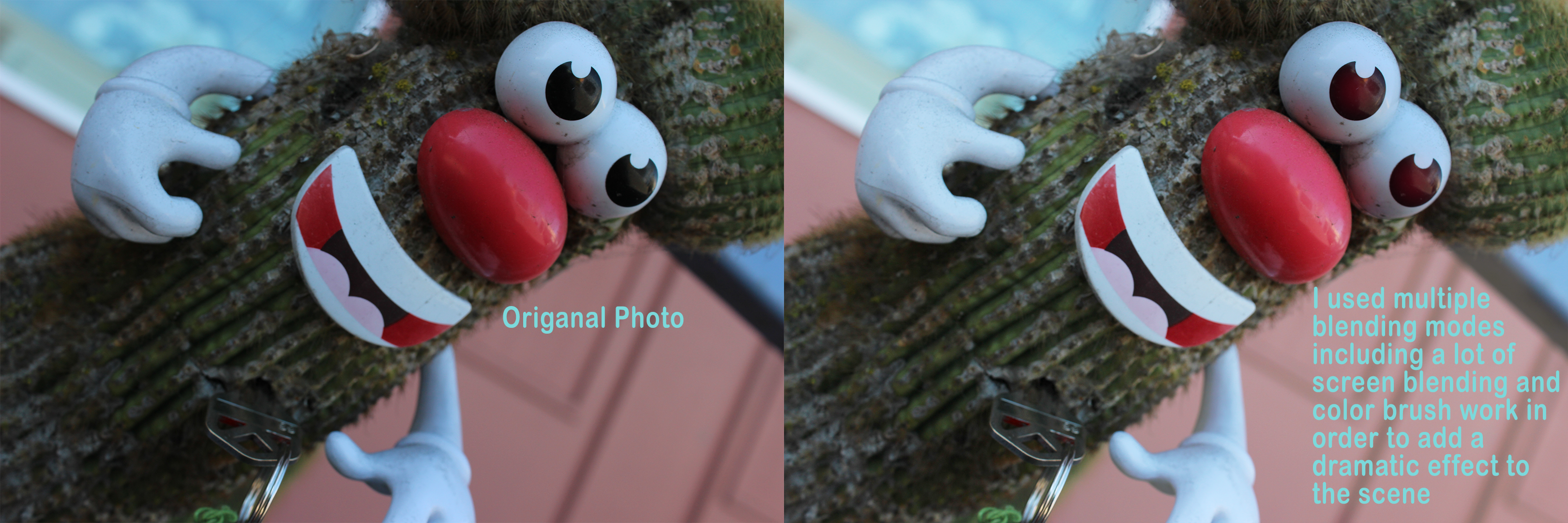 used screen blending a color brushing to make the image more dramatic, such as adding red tint to the eyes