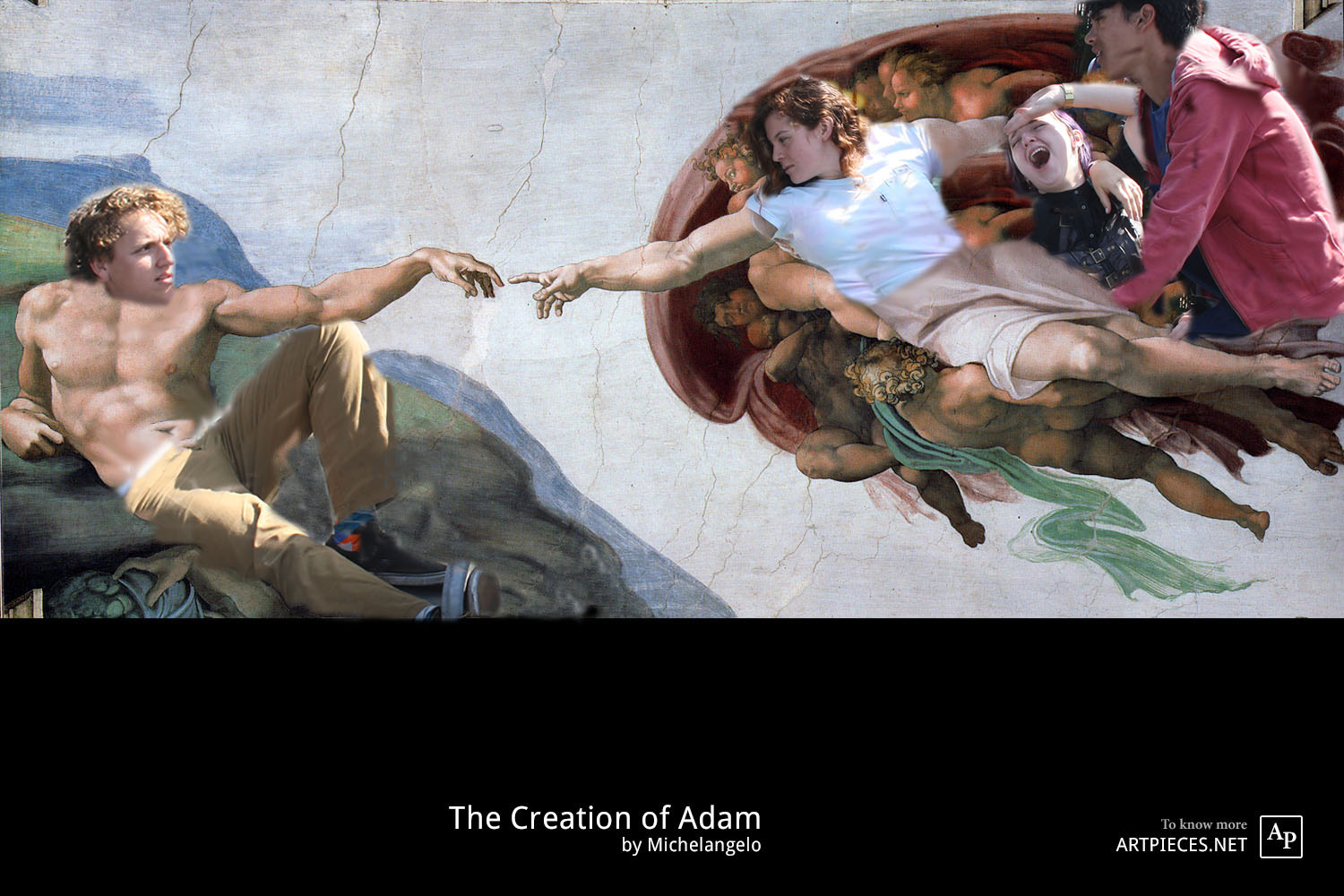 It's my face photoshopped onto Michelangelo's "Creation of Adam" with some of my classmates as other biblical figures 