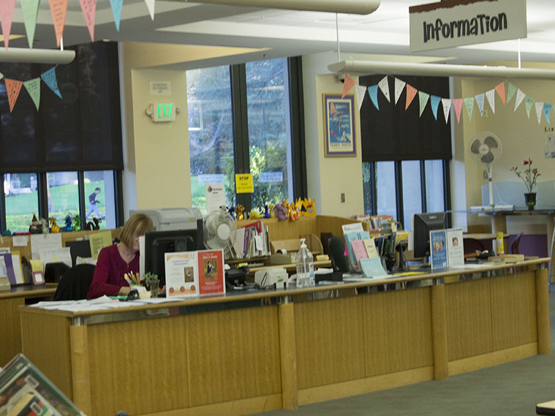 The reception desk of the children's section at Mountain View Public Library.