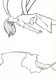 An ink drawing on traditional paper. A girl is being lifted by a tentacle that is gently carrying her while a destroyed Earth makes up the bottom third of the background.