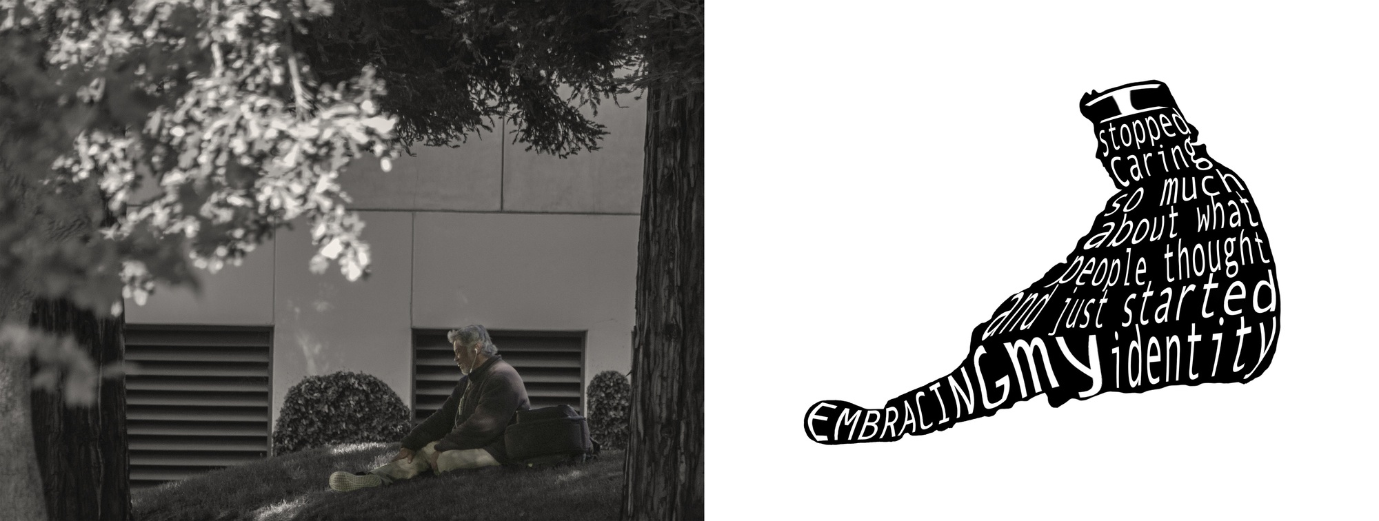 A diptych of a man sitting on the side of a hill. On the right is his silhouette with a quote shaped to fit.