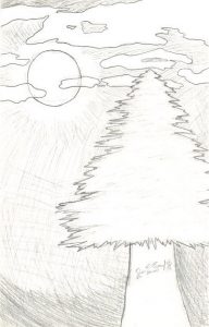 A pencil and paper drawing of a tree. The background is the sun high in the sky with  clouds scattered in the sky.
