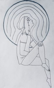 We see the profile of an androgynous person who is sitting on some undrawn object, making it look like they are floating. they are hunched in on themself and looking up at the top right-hand corner of the canvas. A large circle surrounds them with lines in the circle that conform more to the person's silhouette as it get's closer to them.
