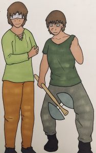 An alcoholic marker drawing of a woman. on the left, she is wearing light green and brown, she is wearing a white blindfold and is holding her injured left arm with her right hand. On the right, she wears darker colors and no blindfold, instead, she has a long scar that crosses over both of her eyes. She is carrying an axe in her right hand and is missing most of her left arm. She is standing defensively and is looking directly at the viewer.