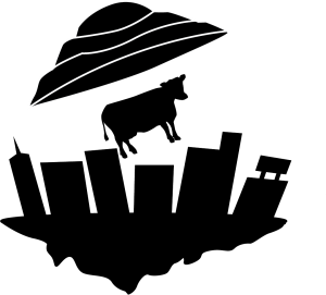 A black and white illustration of a "flat Earth" with a space ship pulling a cow up into it and away from the city depicted on Earth