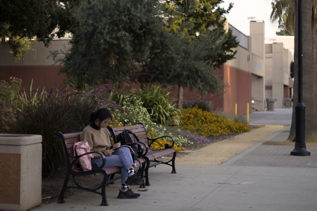 There is a girl sitting on a university bench, with flowers and other nature behind her.