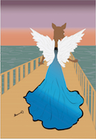 This is the final product of my character illustration, a doe with a dove's wings walking down a bridge