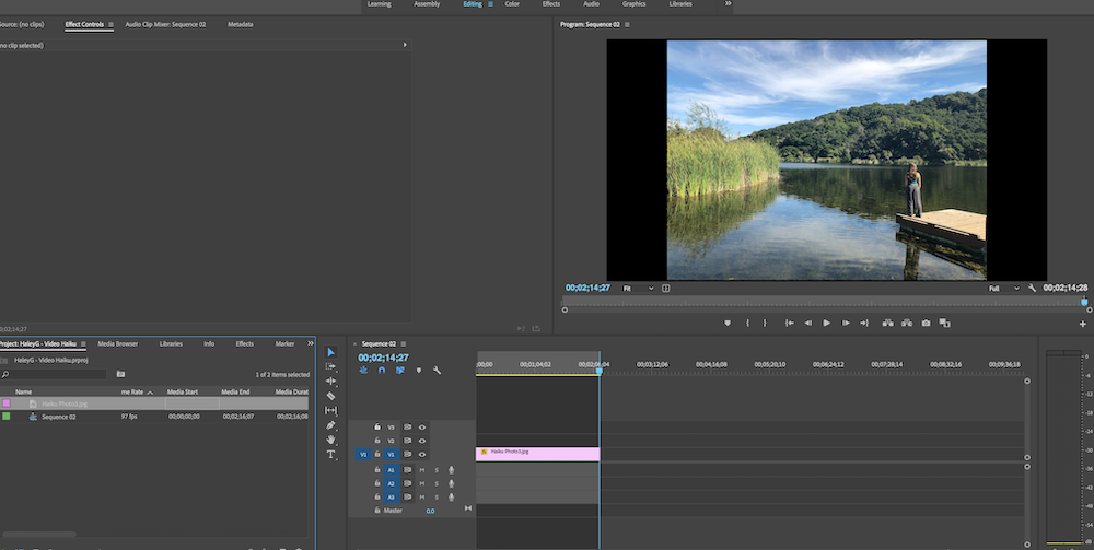 This image shows my 
Premeire Pro interface for my visual and audio video of my Photo Haiku. It includes my name and title of the peice coming in and out of the frame as well as the audio I overlayed on my image.