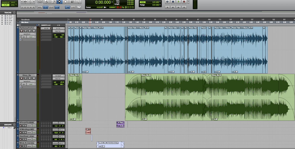 This image shows my 
Pro Tools interface for my audio recording of my poetry. It includes my voice, music, and four different sound effects that I used throughout te recording.