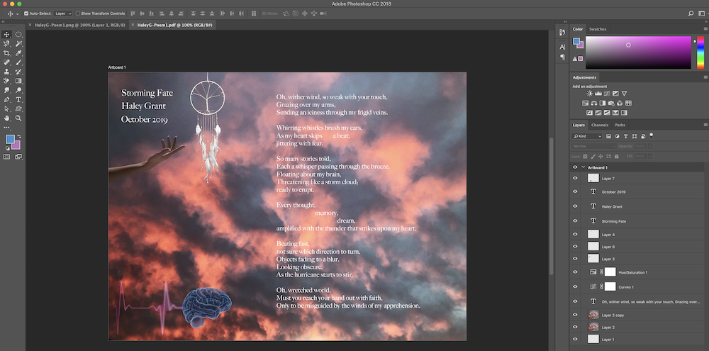 This image shows my 
Photoshop interface for my visual album cover of my poetry. It includes the text of the poem overlayed on a background layer as well as four different symbollic images (hand reaching out, dreamcatcher, brain, heart montier line) that I lowered the opacity on to make them blend better into the image.